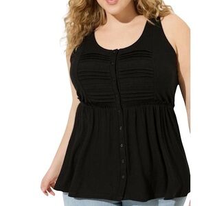 TORRID Deep Black Textured Jersey Scoop Neck Button Down Babydoll Top N…‎